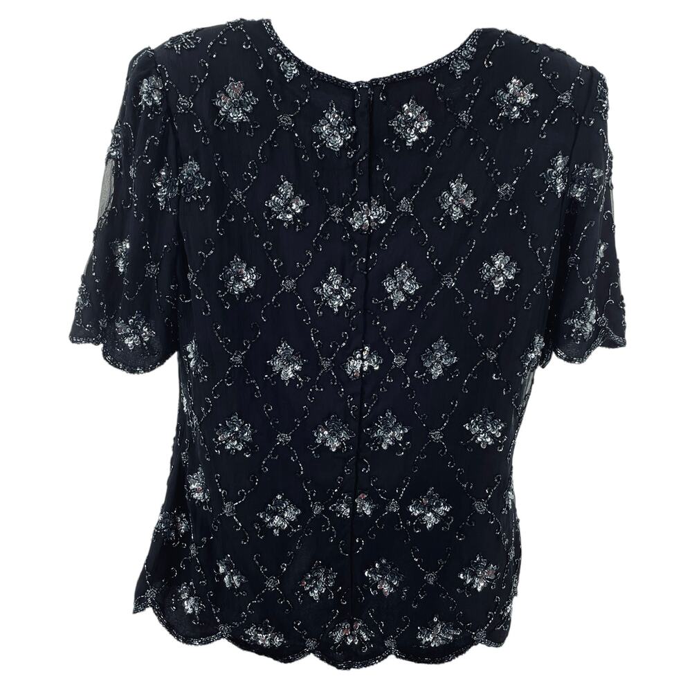 Stenay Vintage Black Silk Beaded Evening Short Sleeve Cocktail Formal Top L - Picture 2 of 9